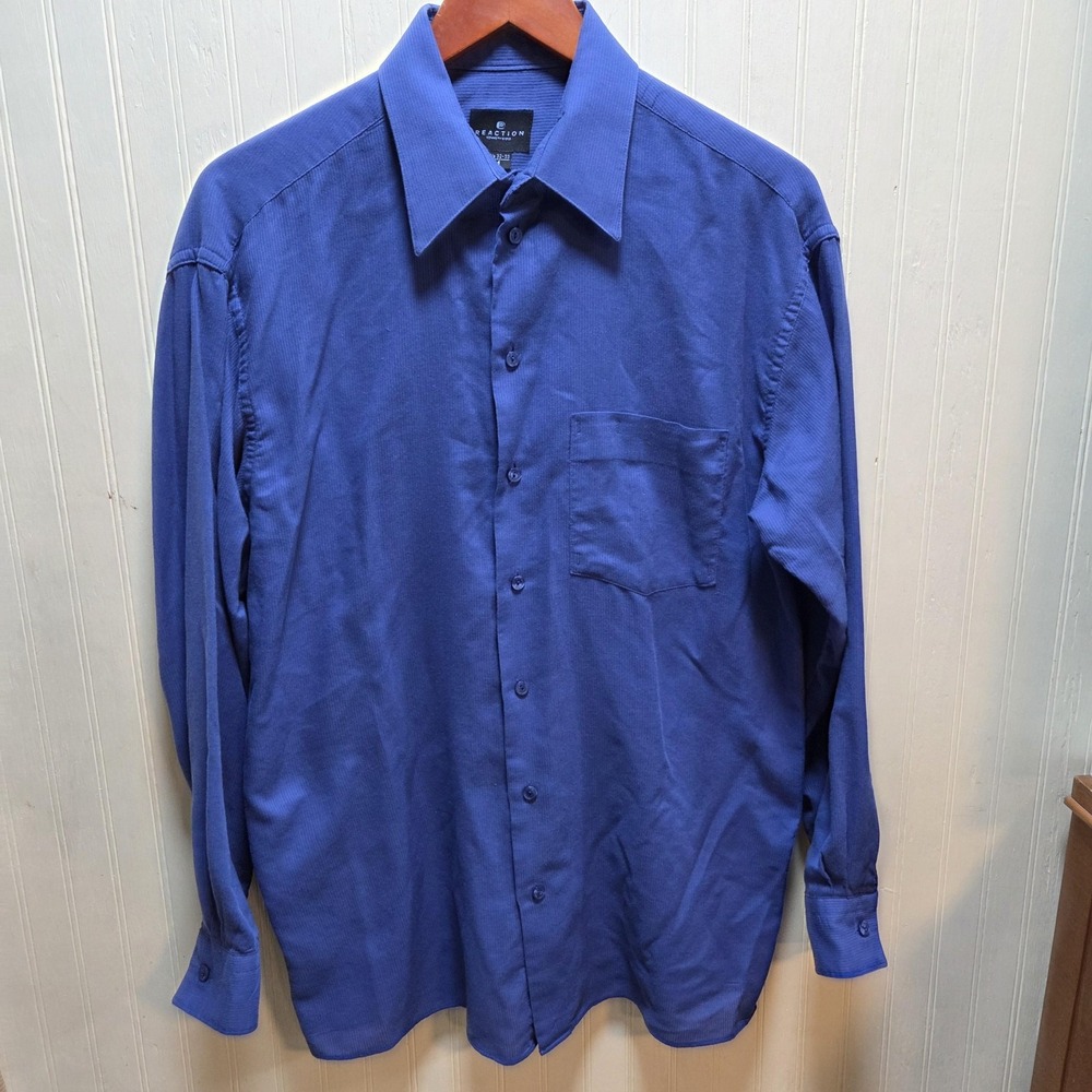 Kenneth Cole Reaction Dress Shirt Mens 15.5 32/33 Blue Solid Long Sleeve Pocket